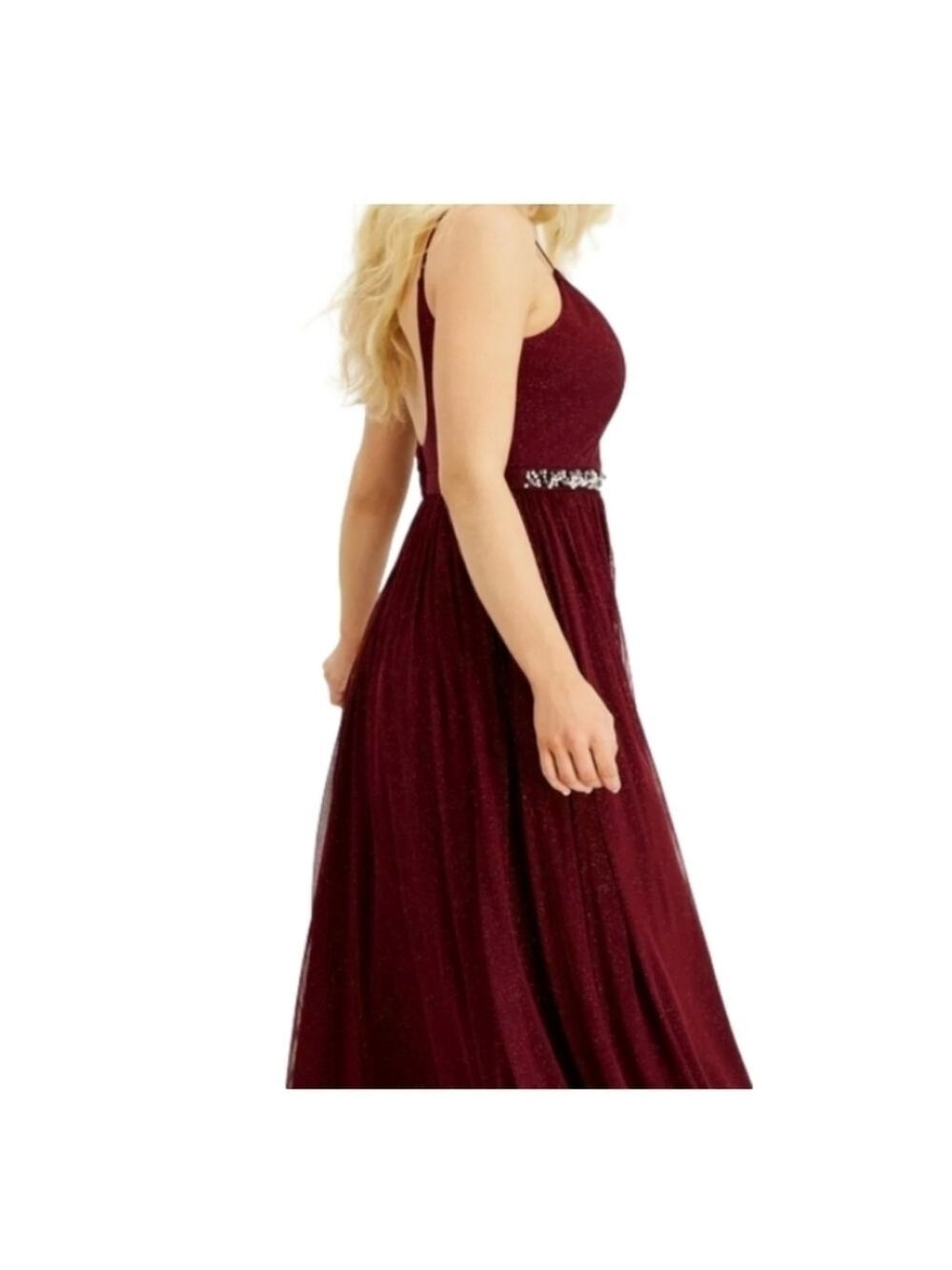 SPEECHLESS Burgundy Glitter Sheer Evening Gown Size 9 Beaded Flowing  Faux pearl - Picture 5 of 17